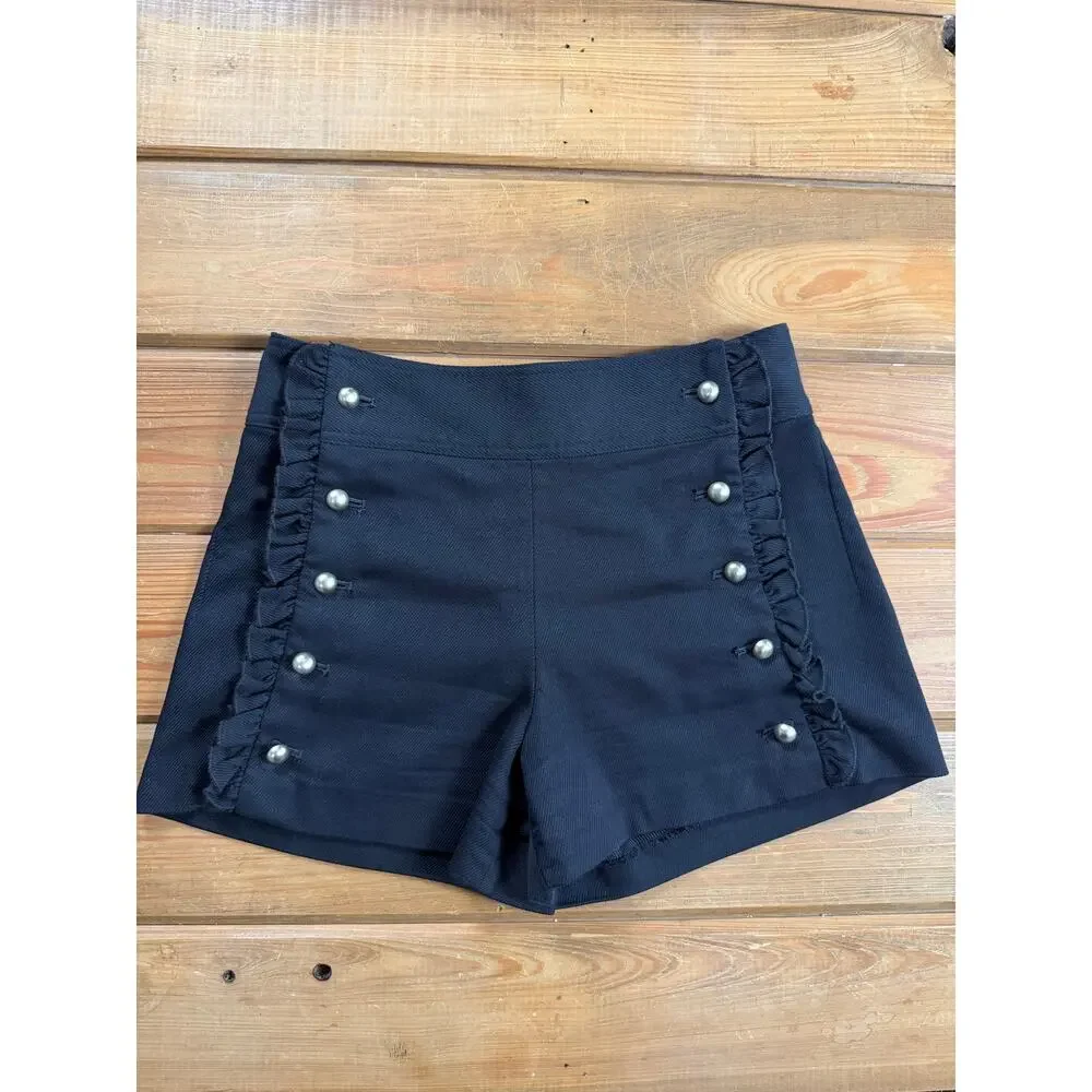 Club Monaco Black High Rise Sailor Shorts Ruffle Gold Buttons Size 2